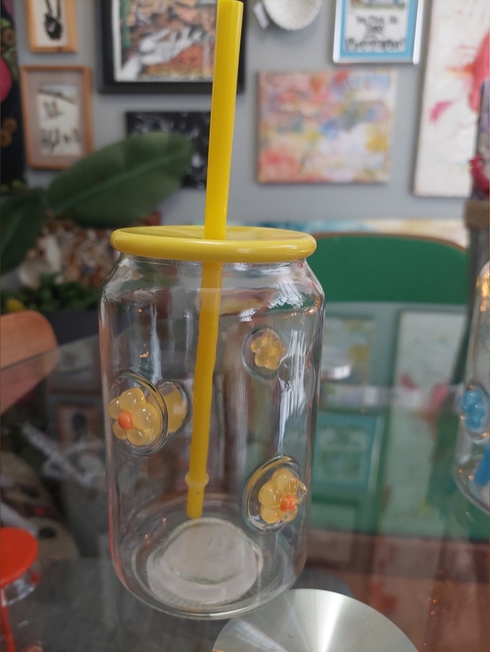 The Unbranded Brand Other - New Viral Glass TUMBLER Daisy Flowers W/ Lid And Straw